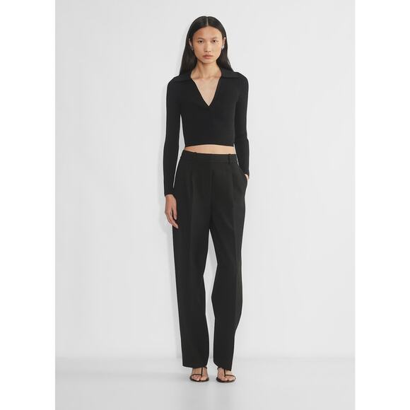 Babaton Black Ribbed Sculpt Knit Polo Long Sleeve Crop Sweater Small Collared - Picture 9 of 10